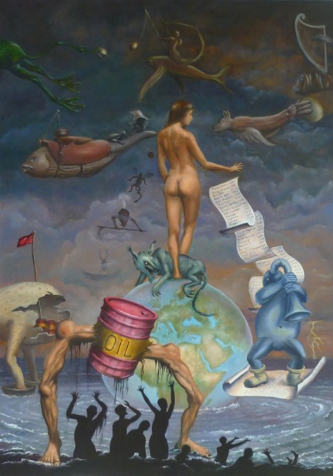 Jan Britsia  “Moeder Aarde en het Visioen van Jeroen Bosch“  Olieverf op doek 100 x 70 cm